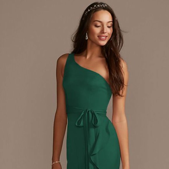 one shoulder crepe satin ruffle bridesmaid dress Zapaka Women Olive Bridesmaid Dress with Ruffle Slit A Line V Neck Satin Asymmetrical Wedding Guest Dress, Twilight / US4